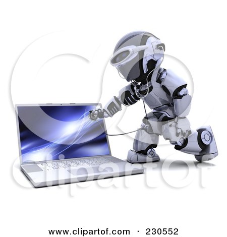 Royalty-Free (RF) Clipart Illustration of a 3d Robot Character Checking A Laptop by KJ Pargeter