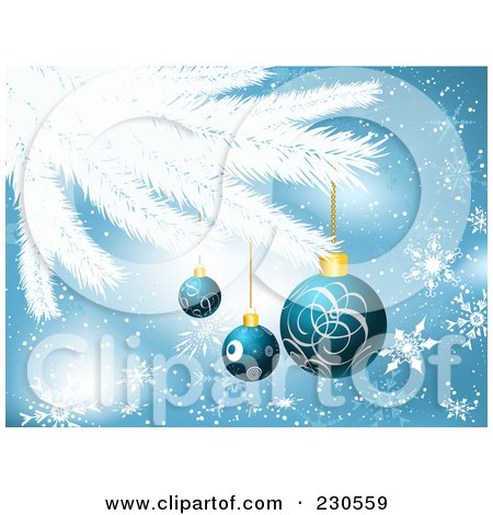 Royalty-Free (RF) Clipart Illustration of a Christmas Background With Blue Baubles On A Flocked Tree Branch, With Snowflakes by KJ Pargeter