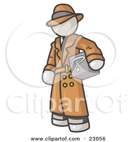 Clipart Illustration of a Secretive White Man in a Trench Coat and Hat, Carrying a Box With a Question Mark on it by Leo Blanchette