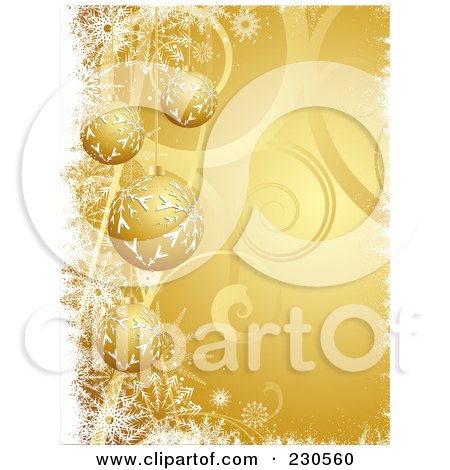Royalty-Free (RF) Clipart Illustration of a Christmas Background With Gold Baubles Over Gold Swirls With Snowflakes by KJ Pargeter