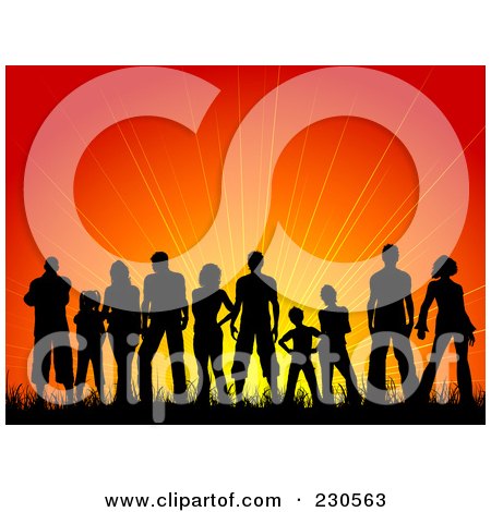 Royalty-Free (RF) Clipart Illustration of a Silhouetted Crowd Against A Sunset by KJ Pargeter