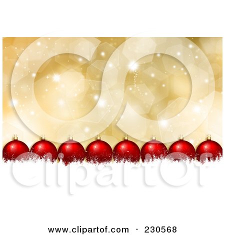 Royalty-Free (RF) Clipart Illustration of a Line Of Red Christmas Baubles Over White Snow Grunge On Gold Sparkles by KJ Pargeter