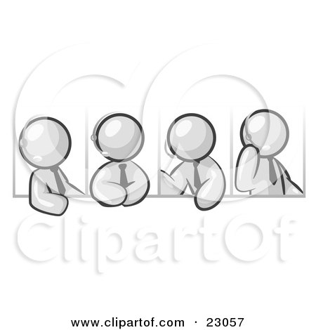 Clipart Illustration of Four Different White Men Wearing Headsets And Having A Discussion During A Phone Meeting by Leo Blanchette