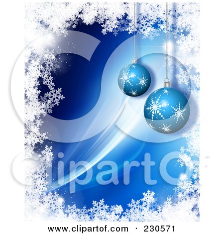 Royalty-Free (RF) Clipart Illustration of a Christmas Background With Blue Baubles Bordered With Snowflakes by KJ Pargeter