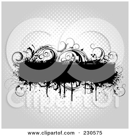 Royalty-Free (RF) Clipart Illustration of a Grungy Black Floral Text Bar Over Gray Halftone by KJ Pargeter