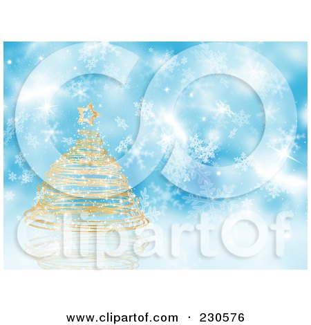Royalty-Free (RF) Clipart Illustration of a Christmas Background Of A Golden Christmas Tree Over Blue Snowflakes by KJ Pargeter