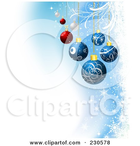 Royalty-Free (RF) Clipart Illustration of a Christmas Background With Blue And Red Baubles Over Snowflakes And White Grunge by KJ Pargeter