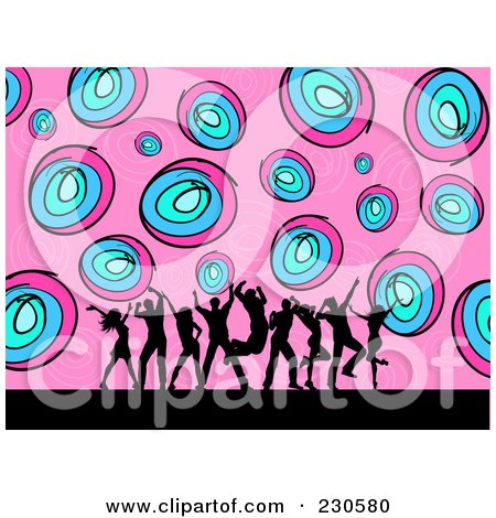 Royalty-Free (RF) Clipart Illustration of Silhouetted Dancers Over A Funky Pink And Blue Circle Background by KJ Pargeter