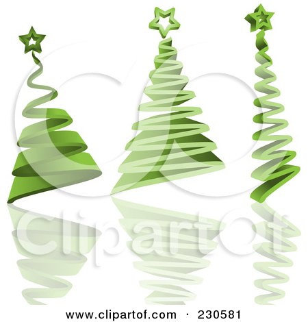 Royalty-Free (RF) Clipart Illustration of a Digital Collage Of Three Green 3d Christmas Trees With Reflections by KJ Pargeter