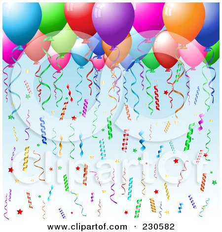 Royalty-Free (RF) Clipart Illustration of a Background Of Colorful Confetti Ribbons And Party Balloons On Blue by KJ Pargeter