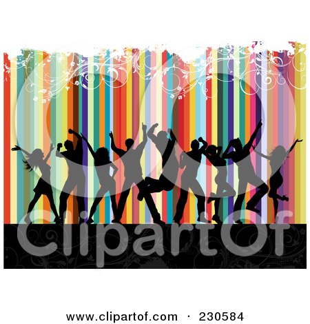 Royalty-Free (RF) Clip Art Illustration of Silhouetted Dancers Over A Colorful Striped And Floral Grunge Background by KJ Pargeter