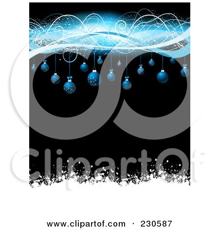 Royalty-Free (RF) Clipart Illustration of a Christmas Background With Blue Baubles And Waves On Black With White Grunge by KJ Pargeter