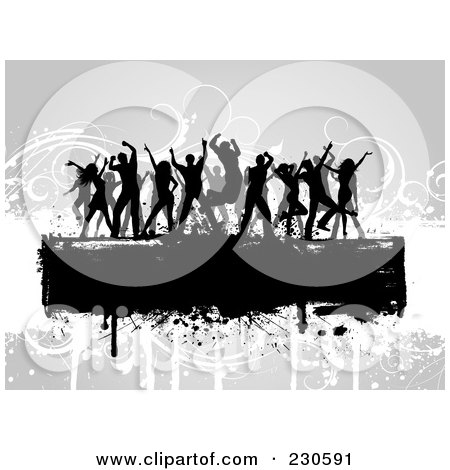 Royalty-Free (RF) Clipart Illustration of Silhouetted Dancers Over A Text Bar On A Gray Floral Grunge Background by KJ Pargeter