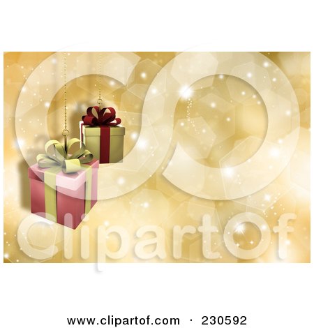 Royalty-Free (RF) Clipart Illustration of a Christmas Background Of Suspended Gifts Over Gold Sparkles by KJ Pargeter