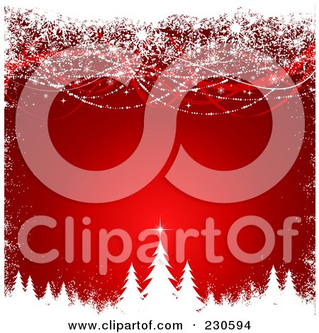 Royalty-Free (RF) Clipart Illustration of a Red Christmas Background Of White Trees And Waves With Grunge by KJ Pargeter