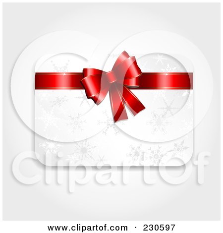 Royalty-Free (RF) Clipart Illustration of a White And Silver Christmas Gift Card With A Red Ribbon And Snowflakes by KJ Pargeter