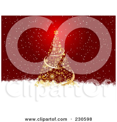 Royalty-Free (RF) Clipart Illustration of a Christmas Background Of A Golden Christmas Tree In The Snow by KJ Pargeter