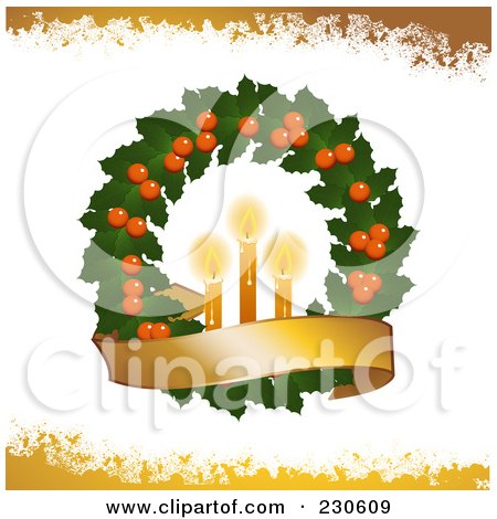 Royalty-Free (RF) Clipart Illustration of a Christmas Wreath With Candles And A Banner Over White And Yellow Grunge by elaineitalia