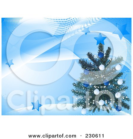 Royalty-Free (RF) Clipart Illustration of a Christmas Tree Over A Blue Wave And Star Background by elaineitalia