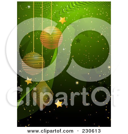 Royalty-Free (RF) Clipart Illustration of a Green Christmas Background With Golden Ornaments And Stars by elaineitalia