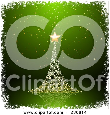 Royalty-Free (RF) Clipart Illustration of a Golden Christmas Tree With A Star Over Green With White Grunge Borders by elaineitalia