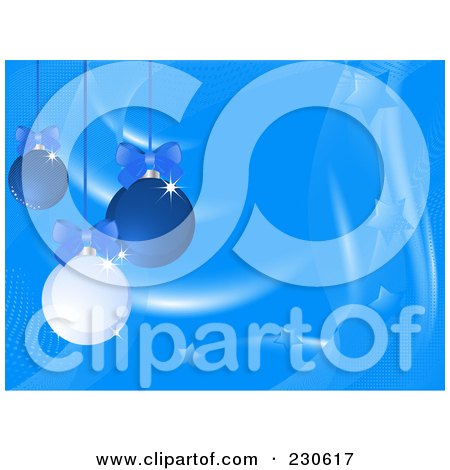 Royalty-Free (RF) Clipart Illustration of a Blue Christmas Background With Shiny Ornaments And Bows Over Stars And Waves by elaineitalia