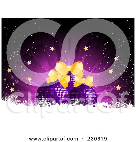 Royalty-Free (RF) Clipart Illustration of a Christmas Background Of Purple Ornaments With Bows And Stars Over A Burst With White Snow Grunge by elaineitalia