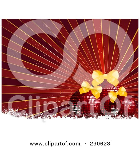 Royalty-Free (RF) Clipart Illustration of a Christmas Background Of Red Baubles With Bows Over Red Rays With White Grunge by elaineitalia