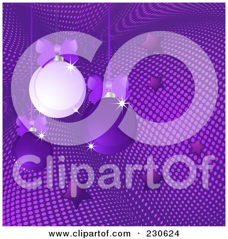 Royalty-Free (RF) Clipart Illustration of a Christmas Background Of Purple Ornaments And Stars In A Halftone Tunnel by elaineitalia