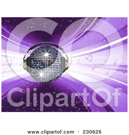 Royalty-Free (RF) Clipart Illustration of a Blue Disco Ball Wearing Headphones Over A Purple Music Background by elaineitalia