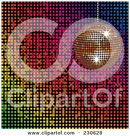 Royalty-Free (RF) Clipart Illustration of a Gold Disco Ball Over A Colorful Mosaic Background by elaineitalia