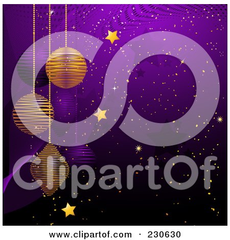 Royalty-Free (RF) Clipart Illustration of a Purple Christmas Background With Suspended Purple And Gold Ornaments, Gold Snow And Stars by elaineitalia