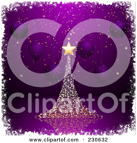 Royalty-Free (RF) Clipart Illustration of a Magical Gold Christmas Tree Over Purple With Suspended Ornaments And White Grunge Borders by elaineitalia