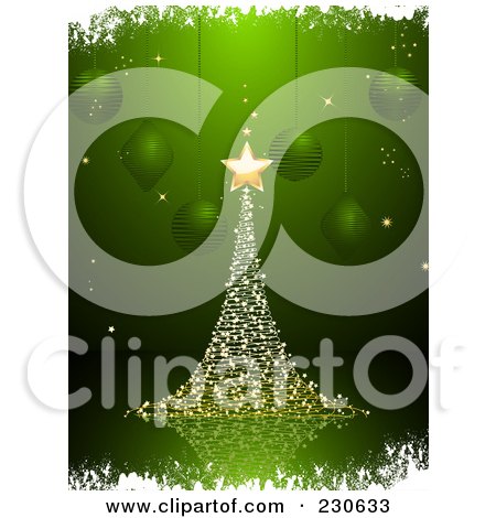 Royalty-Free (RF) Clipart Illustration of a Magical Gold Christmas Tree Over Green With Suspended Ornaments And White Grunge Borders by elaineitalia