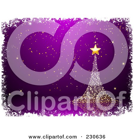 Royalty-Free (RF) Clipart Illustration of a Magical Gold Christmas Tree Over Purple White Grunge Borders by elaineitalia