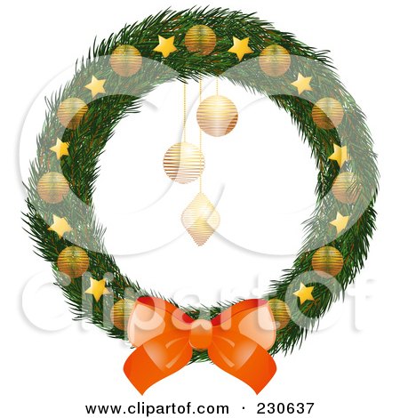 Royalty-Free (RF) Clipart Illustration of a Christmas Wreath With A Bow And Gold Stars And Ornaments by elaineitalia