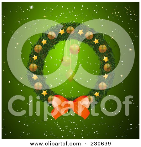 Royalty-Free (RF) Clipart Illustration of a Christmas Wreath With A Bow, Gold Stars And Ornaments Over A Green Snowy Background by elaineitalia