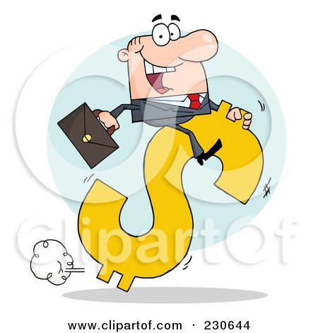 Royalty-Free (RF) Clipart Illustration of a White Businessman Riding On A Hopping Dollar Symbol Over A Blue Circle by Hit Toon