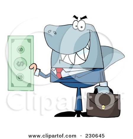 Royalty-Free (RF) Clipart Illustration of a Shark Businessman Holding A Dollar Bill by Hit Toon