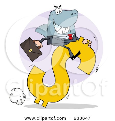 Royalty-Free (RF) Clipart Illustration of a Shark Business Man Riding On A Hopping Dollar Symbol Over A Purple Circle by Hit Toon