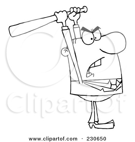 Royalty-Free (RF) Clipart Illustration of a Coloring Page Outline Of A Businessman Holding A Bat Over His Head by Hit Toon
