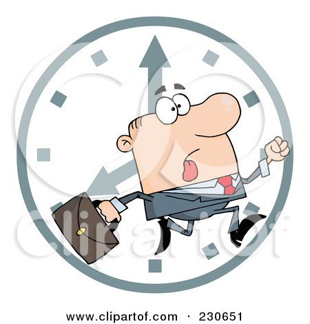 Royalty-Free (RF) Clipart Illustration of a Hurried White Businessman Running Past A Clock by Hit Toon