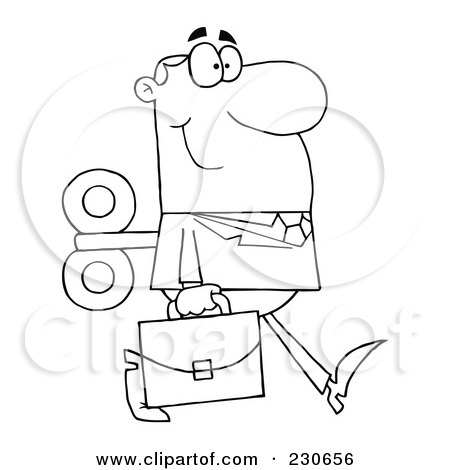 Royalty-Free (RF) Clipart Illustration of a Coloring Page Outline Of A Windup Businessman Walking With A Briefcase by Hit Toon