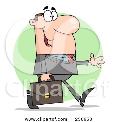 Royalty-Free (RF) Clipart Illustration of a Caucasian Business Man Walking With His Hand Out Over A Green Circle by Hit Toon
