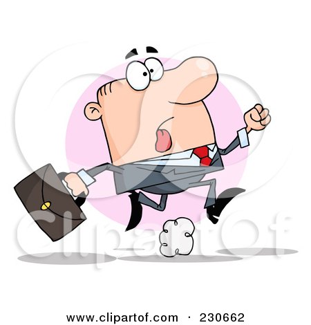 Royalty-Free (RF) Clipart Illustration of a Late White Businessman Running With A Briefcase Over A Pink Circle by Hit Toon