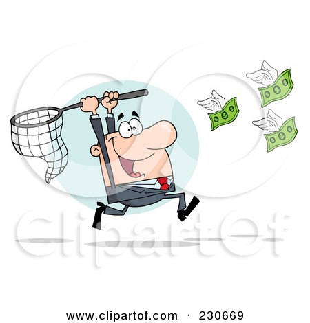 Royalty-Free (RF) Clipart Illustration of a White Businessman Chasing Flying Money With A Net Over A Blue Circle by Hit Toon