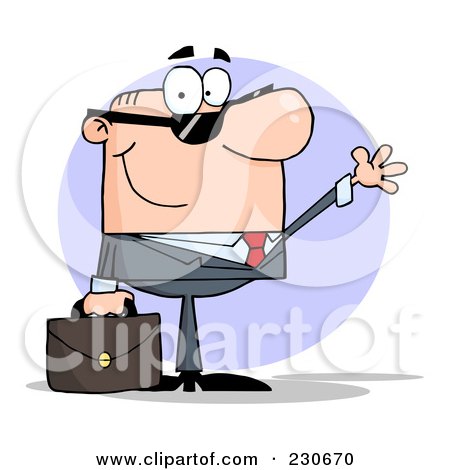 Royalty-Free (RF) Clipart Illustration of a Friendly White Businessman Wearing Shades And Waving Over A Purple Circle by Hit Toon