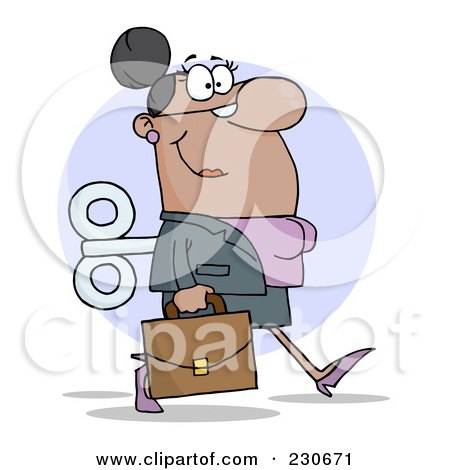 Royalty-Free (RF) Clipart Illustration of a Windup Hispanic Businessman Walking With A Briefcase Over Purple by Hit Toon