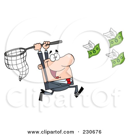 Royalty-Free (RF) Clipart Illustration of a Caucasian Businessman Chasing Flying Money With A Net by Hit Toon