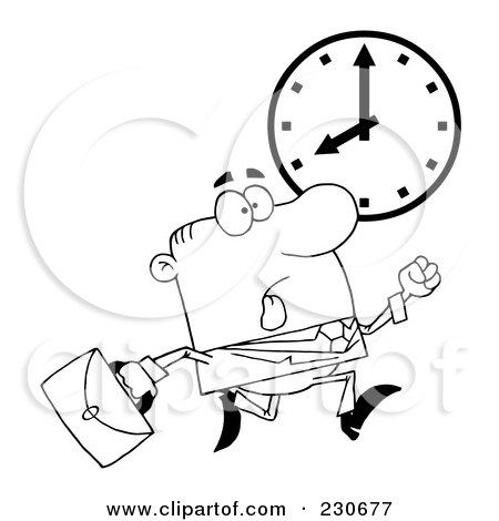 Royalty-Free (RF) Clipart Illustration of a Coloring Page Outline Of A Hurried Businessman Running Past A Clock by Hit Toon